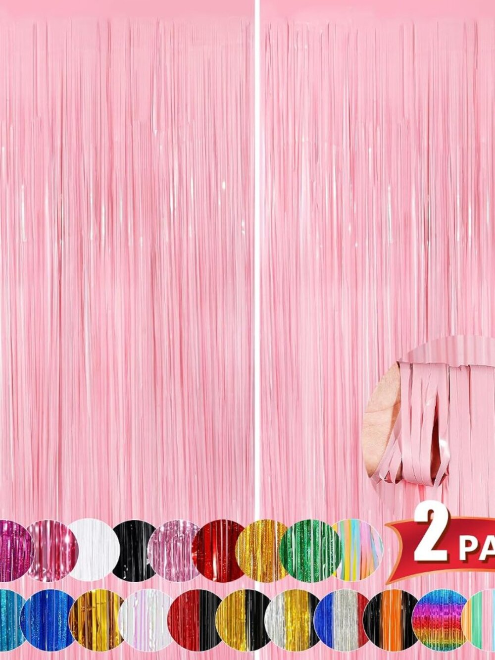 Pastel Pink Tinsel Backdrop Foil Fringe Curtains, 2 Pack Party Decor
